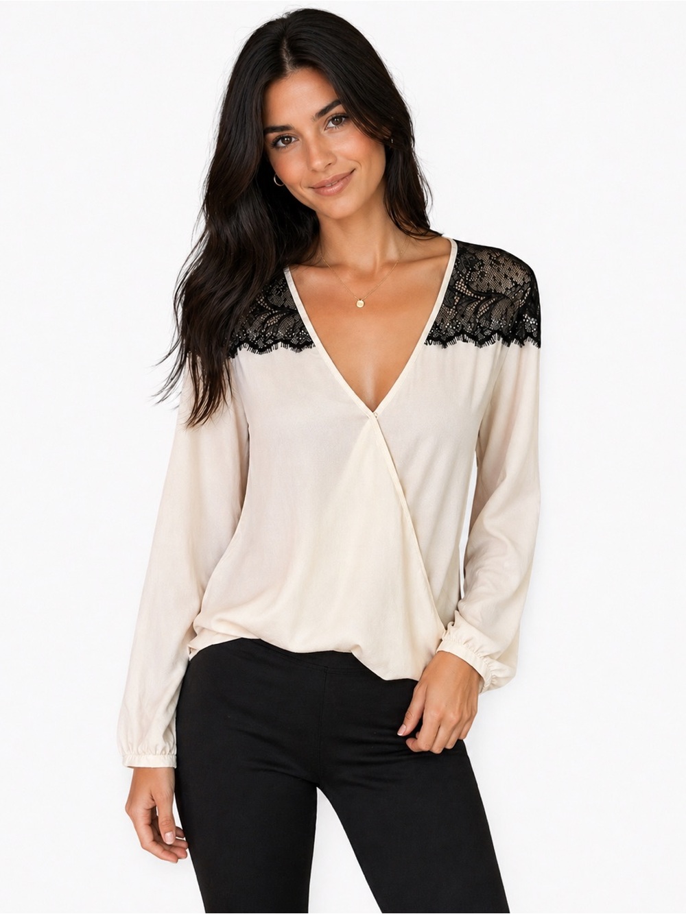 Arden B Lace Shoulder Blouse XS NWT Cream Sheer Surplice Top Feminine Chic